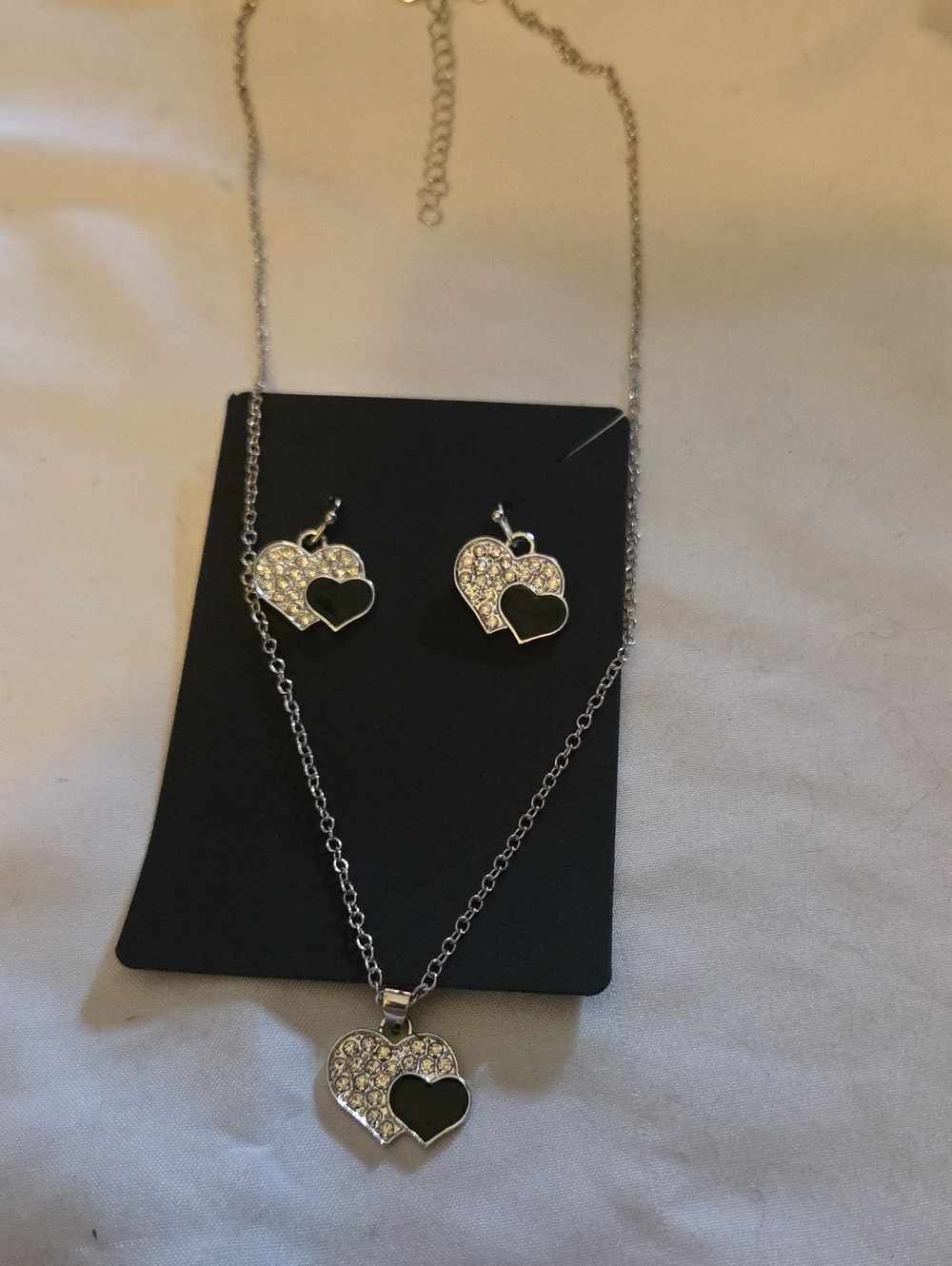 Silver Heart Pendant Necklace and Earrings Set with Black Accent